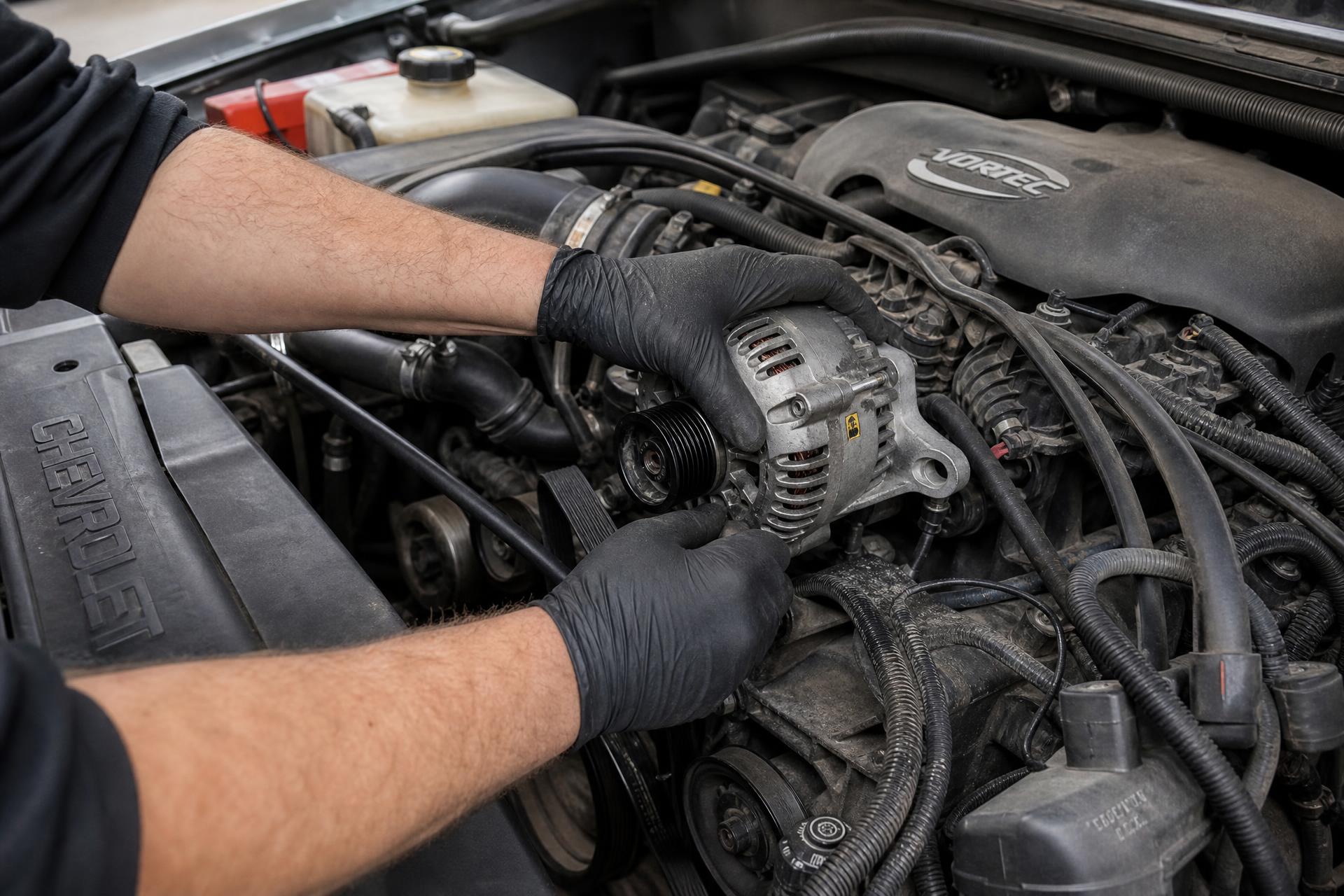 Technician replacing an alternator in a Chevrolet Silverado engine bay
